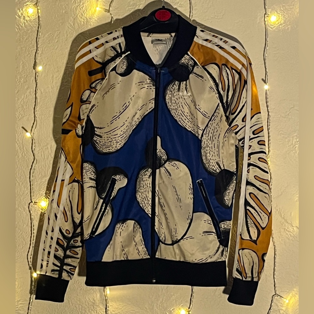 Adidas x Farm Rio zip up jacket blue yellow white leaves design